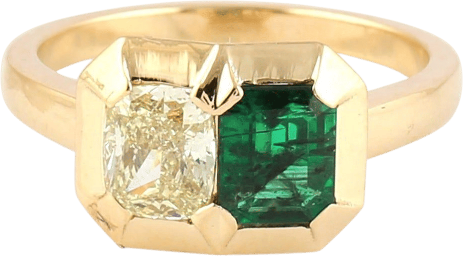 18K Gold Emerald and Diamond Toi et Moi Ring
