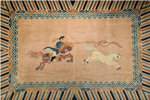 Vintage Chinese Pictorial Area Rug in Horseback Rider & Wild Horse Scene