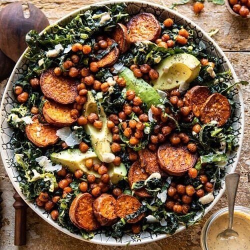 Kale Caesar Salad with Sweet Potatoes and Crispy Chickpeas Recipe