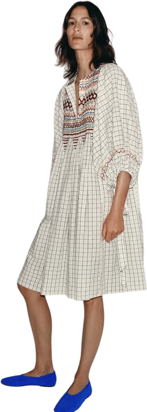 Embroidered Checkered Dress with Puffed Sleeves