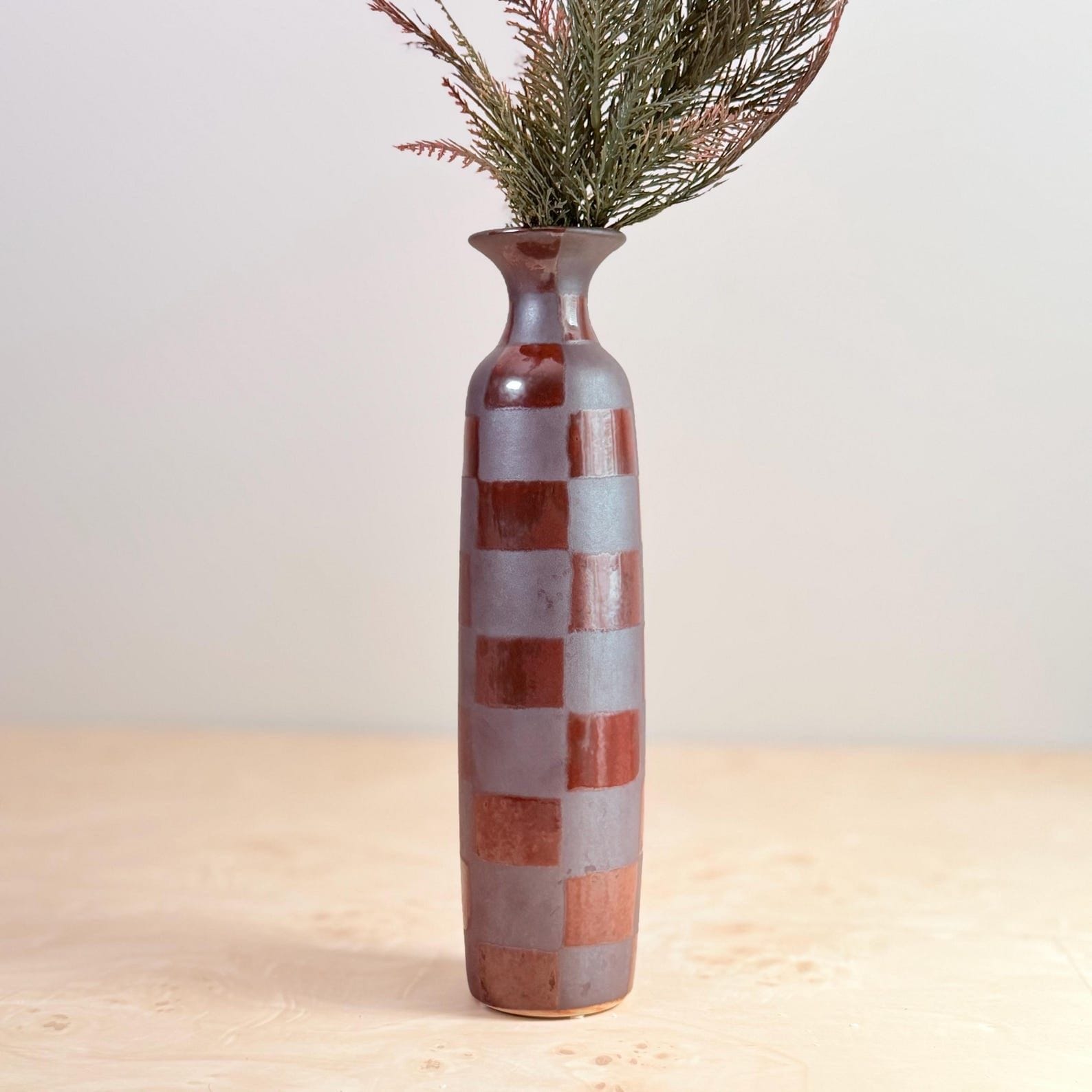 Vintage Checkered Ceramic Bottle Vase (Burgundy Brown Studio Pottery)