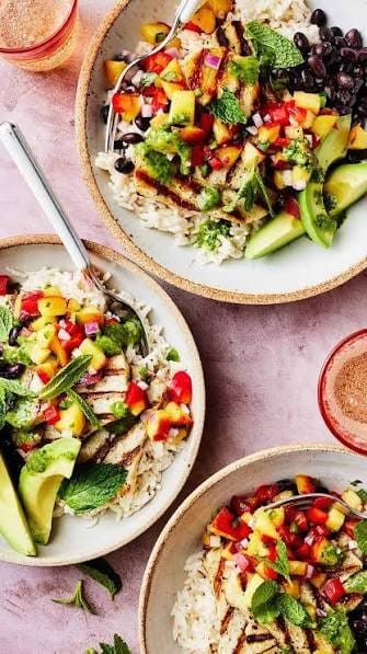 peach salsa halloumi bowls