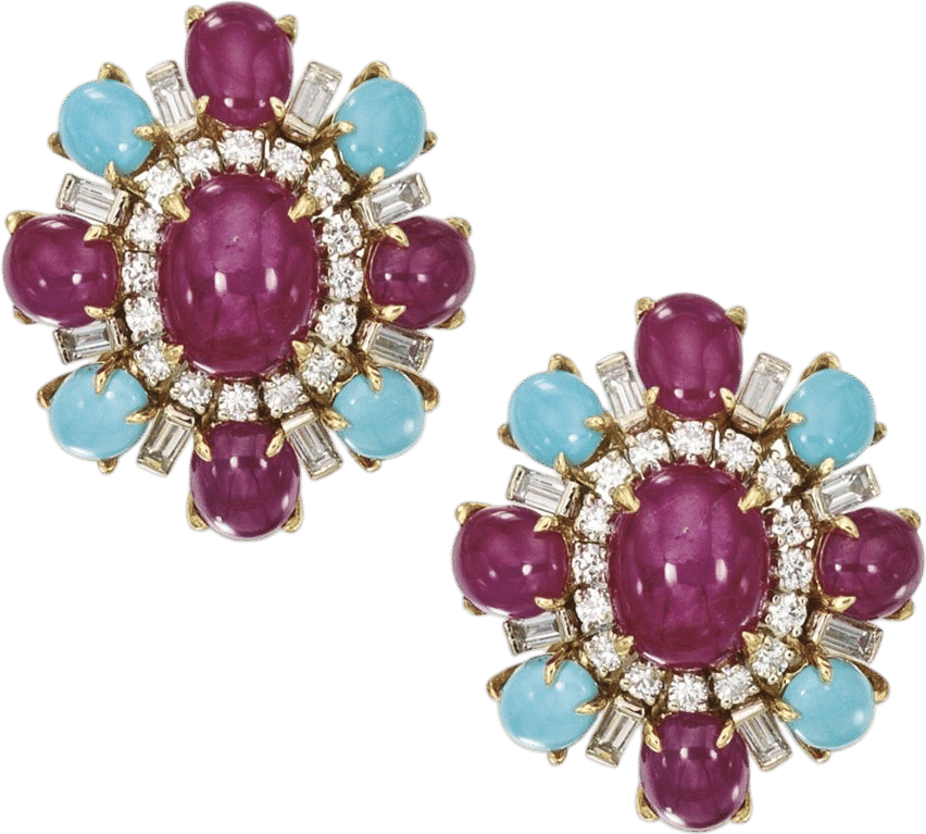 18 Karat Gold Ruby Turquoise and Diamond Earclips