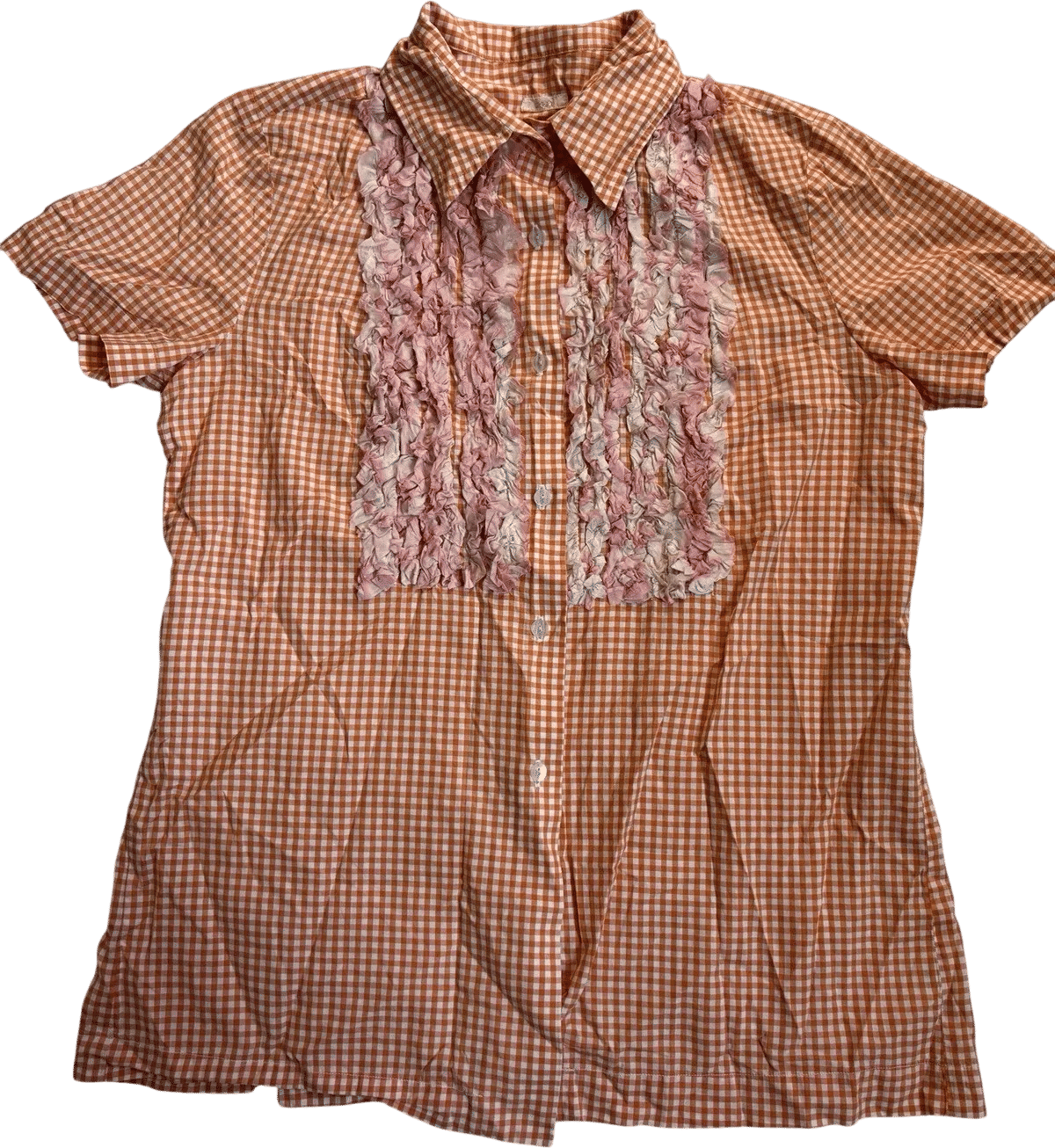 Dosa Orange Gingham Short Sleeve Button Up with Pink Ruffles