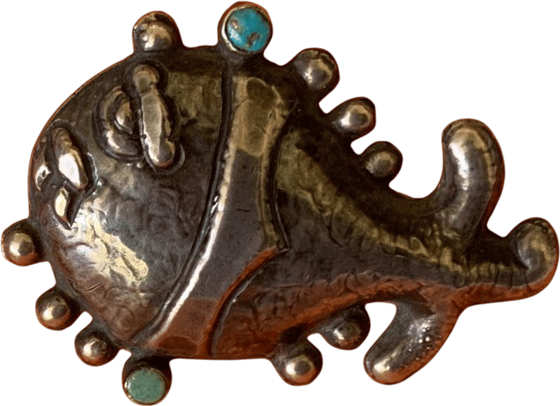 Antique 1920's or 30's Mexico Sterling Silver and Turquoise Fish Brooch Signed Made Mexico Sterling With C Hook