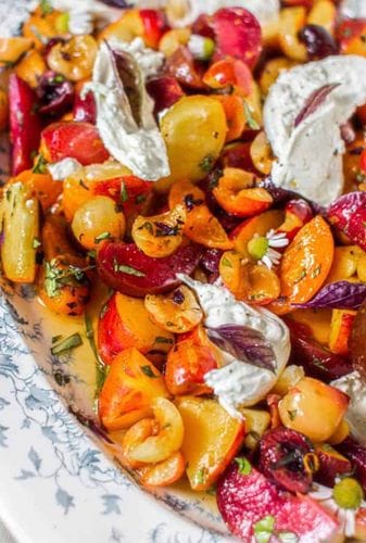 a plum, tomato, burrata, chile, and cilantro salad (with pickled red onions!)