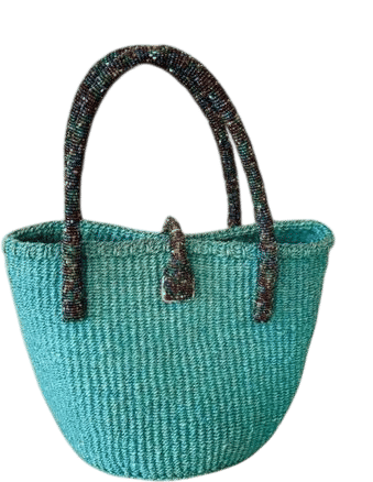 turquoise beaded straw basket purse