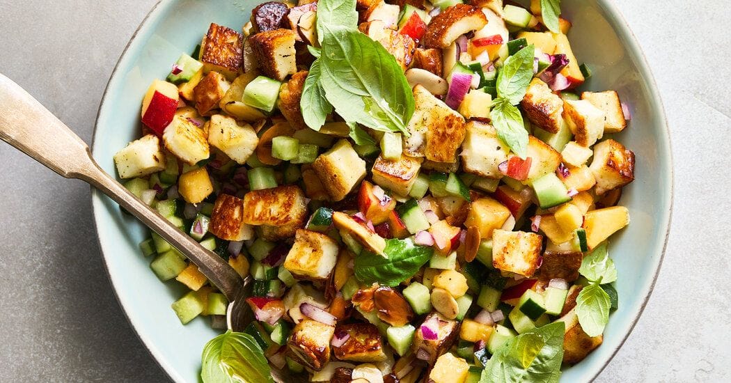 Halloumi, Peach and Cucumber Spoon Salad Recipe