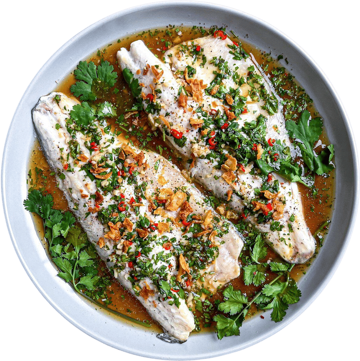 pla neung manao (thai steamed fish w lime + chilli)