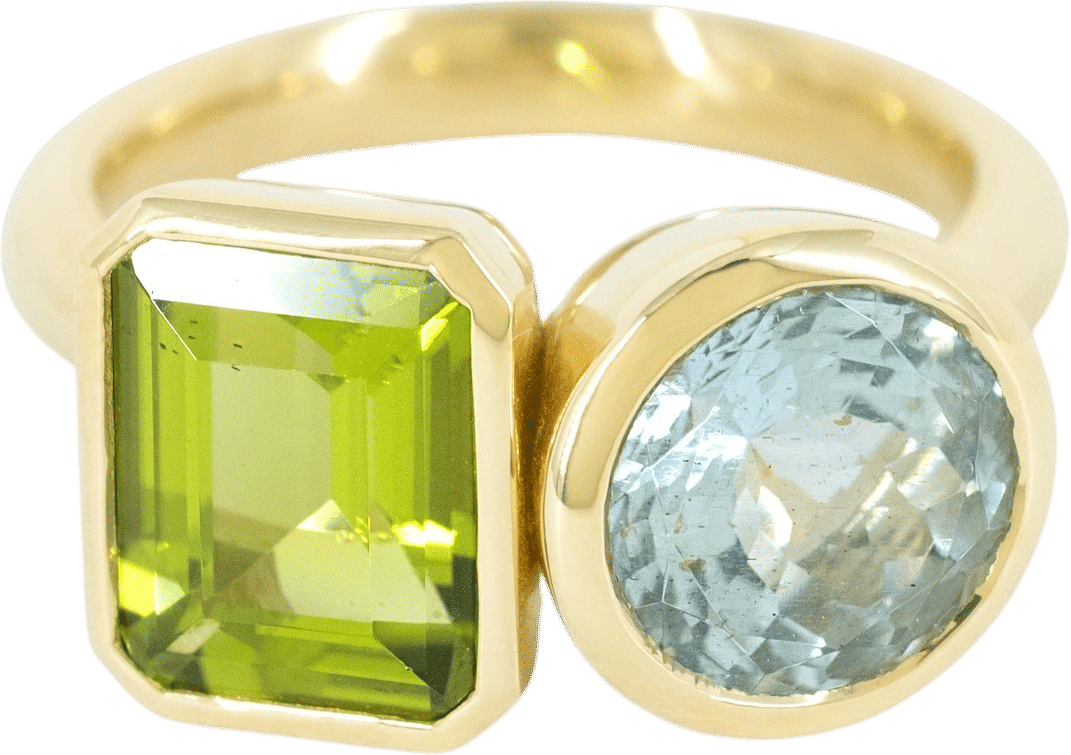 Two stone bezel ring with Peridot and Aquamarine