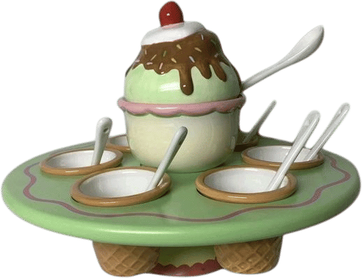 NIB Boston Warehouse Ice Cream Lazy Susan Spoon Bowl w/ Lid + Ladle Whimsical