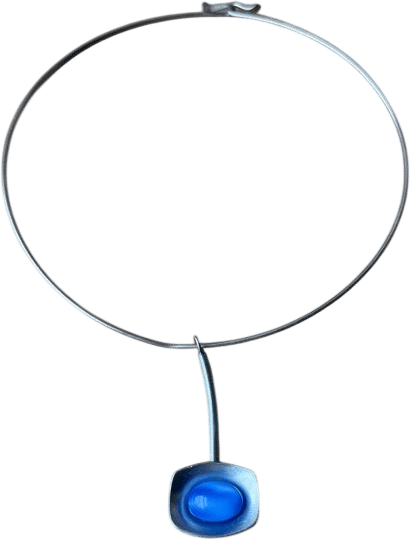 Vintage Jorgen Jensen Denmark Pewter Blue Cats Eye Pendant Necklace