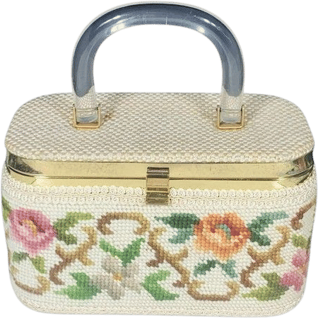 Vintage Needlepoint Box Purse w/ Lucite Handle (Pink Flowers)