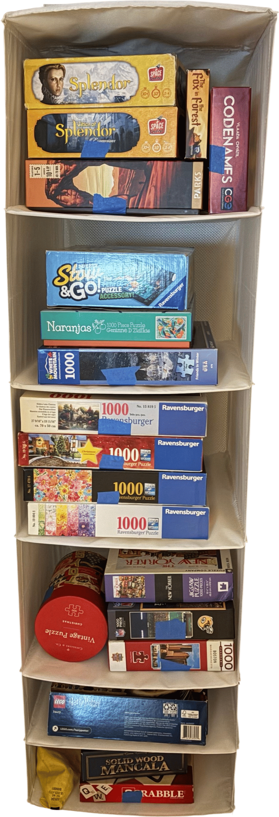 Hanging shoe organizer for puzzle/game storage