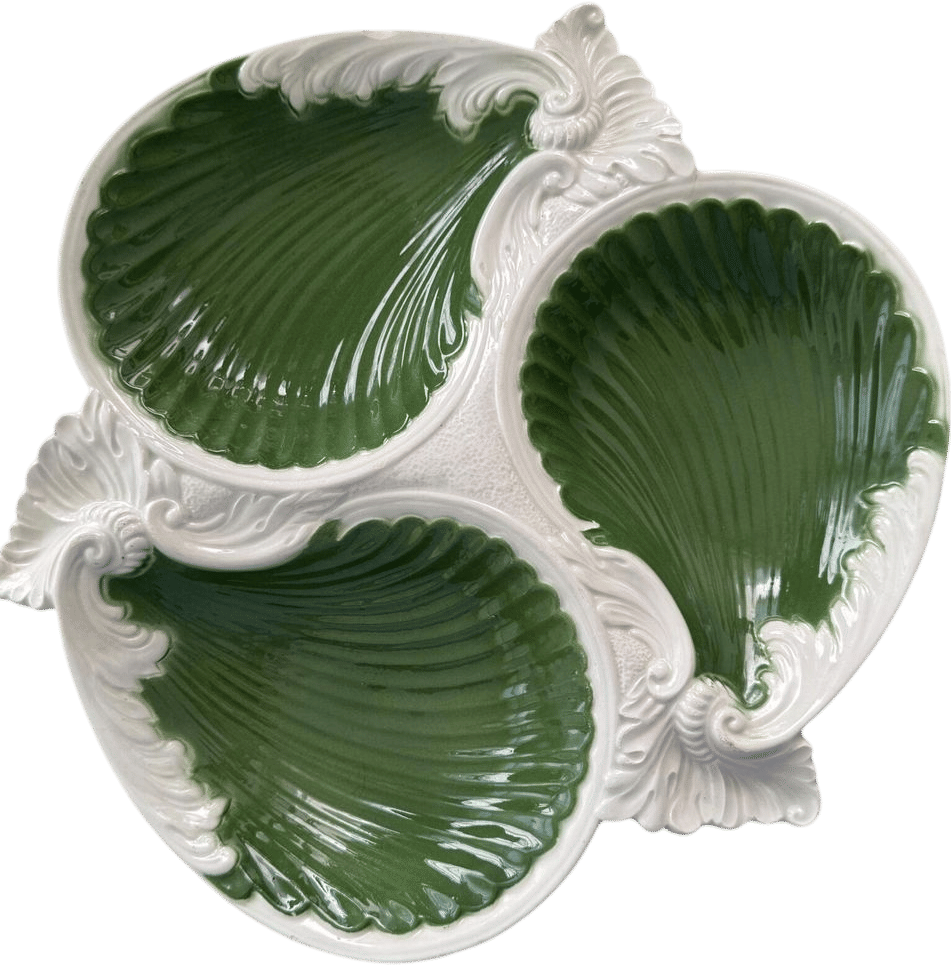 Italian Shell Motif Trio Dish | Green & White Scalloped Serving Bowl | Coastal Ceramic Centerpiece