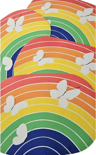 Butterflies are FREE. Set 4 Vintage Vera Neumann Oval Vinyl Placemats. Primary Colors Rainbow Stripes Butterflies. Napkins available.