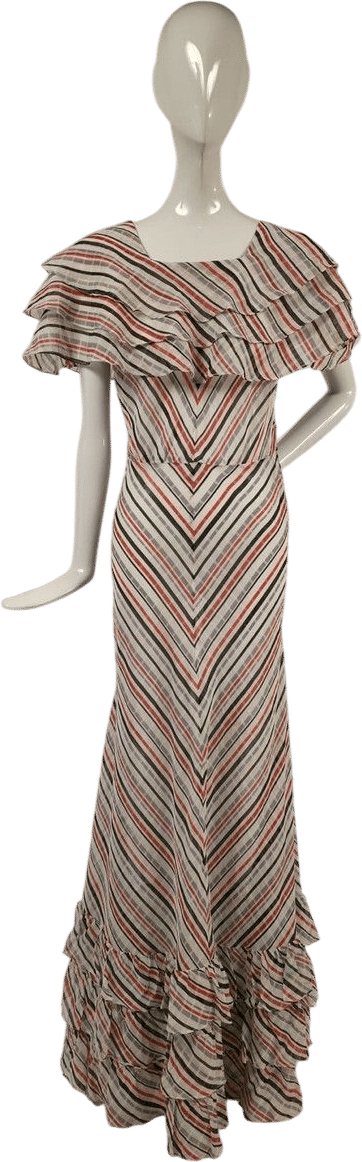 1930s Chevron Pinstriped Organdy Bias Cut Dress