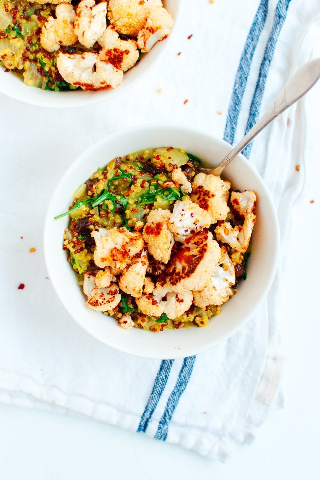 Curried Coconut Quinoa and Greens with Roasted Cauliflower Recipe