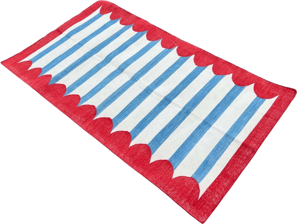 Handmade Cotton Area Flat Weave Rug, 3x5 Blue And Red Striped Indian Dhurrie Rug