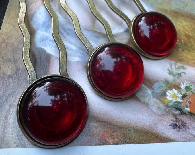 Vintage Garnet Glass Hair Fork: Art Nouveau Brass Hairpin