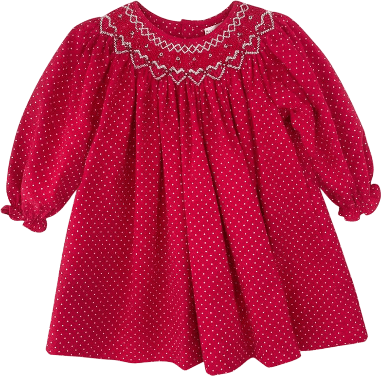 Girls' Dress with Heart Shaped Bishop Smocking in Red