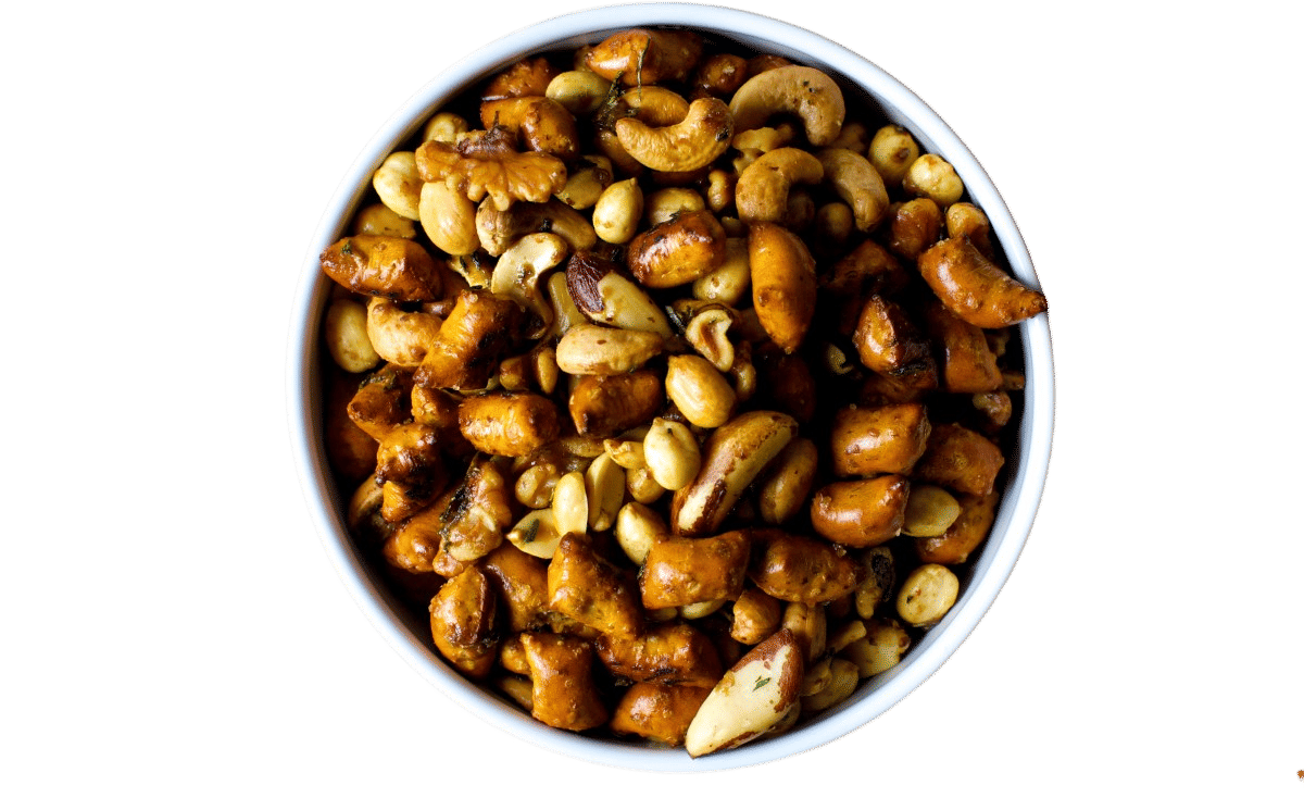 a bowl of nuts on the counter