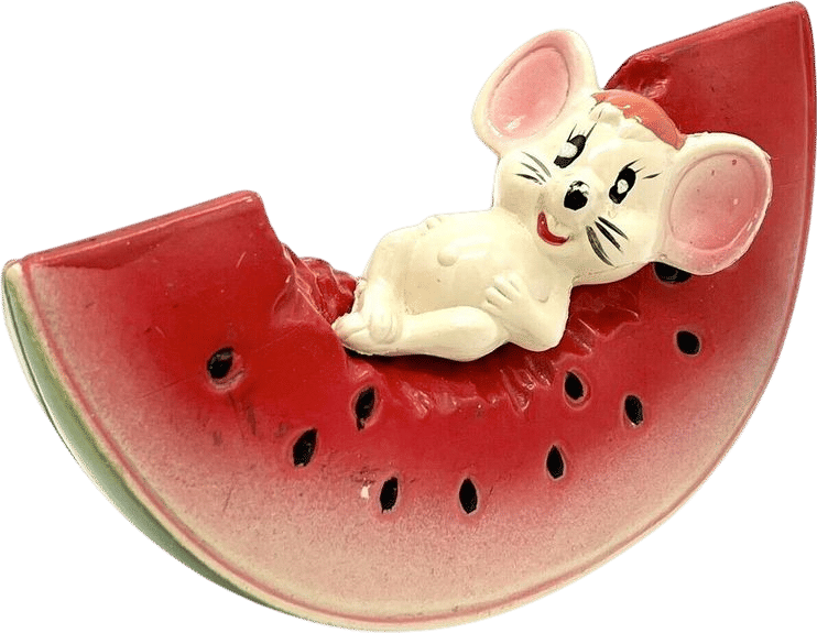 Vintage Kitsch White Mouse on Watermelon Slice Coin Bank Plastic Fruit Hong Kong
