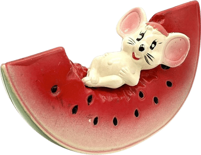 Vintage Kitsch White Mouse on Watermelon Coin Bank