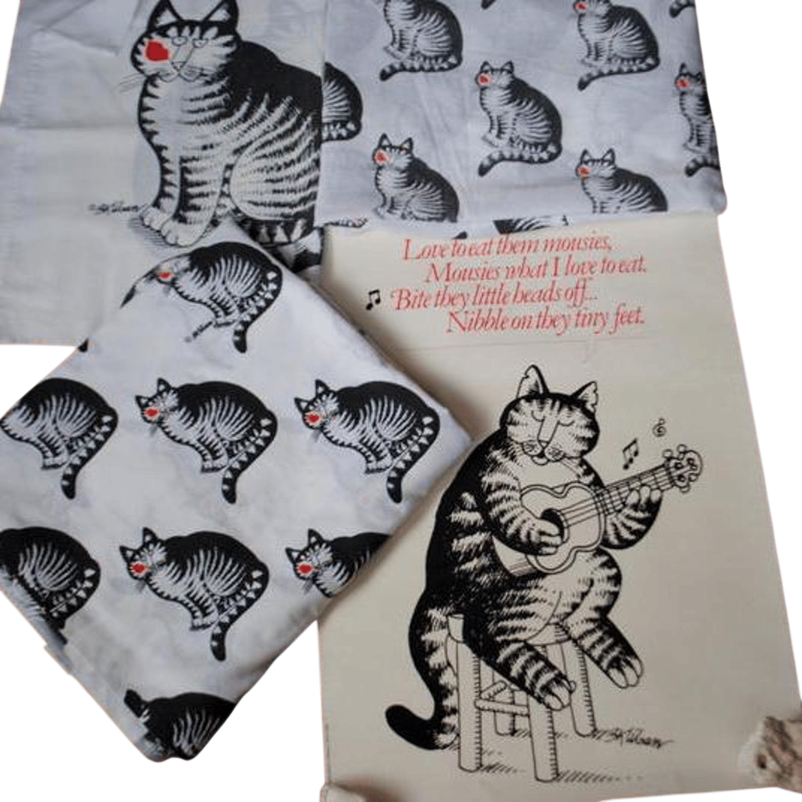 1977 vintage , cotton / polyester twin bedding set of the three pieces " Kilban Cat with red lips mark" and matching poster with guitar.