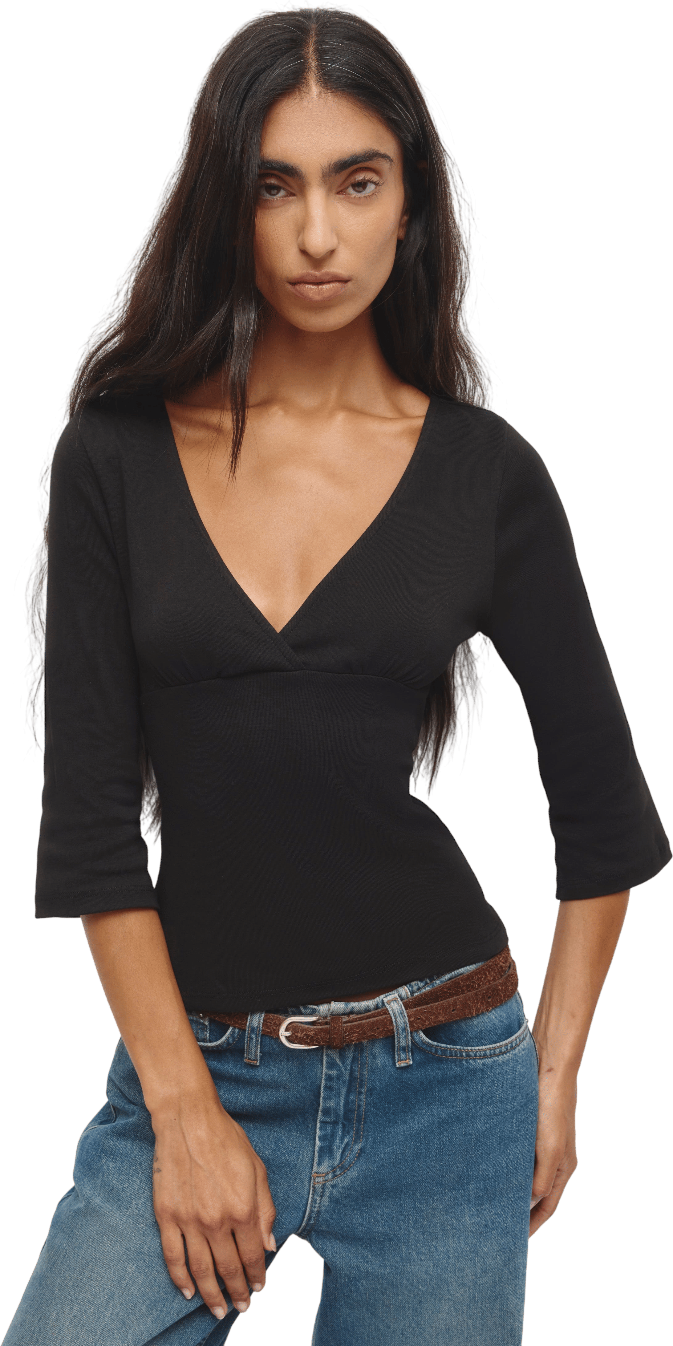 Kotn Women's Crossover 3/4 Sleeve Top in Black