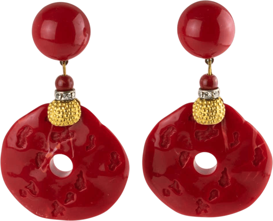 Gilded Red Cinnabar Resin Dangle Earrings