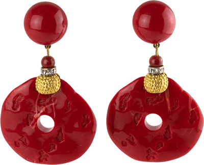 Gilded Red Cinnabar Resin Dangle Earrings