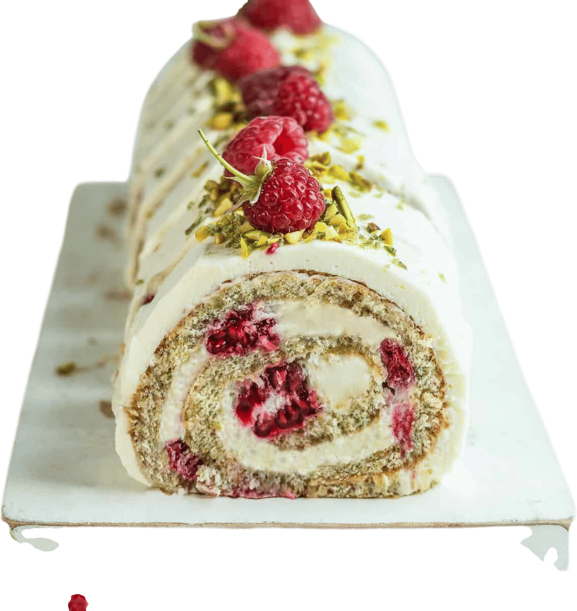 Ottolenghi Pistachio Roulade with Raspberries and White Chocolate