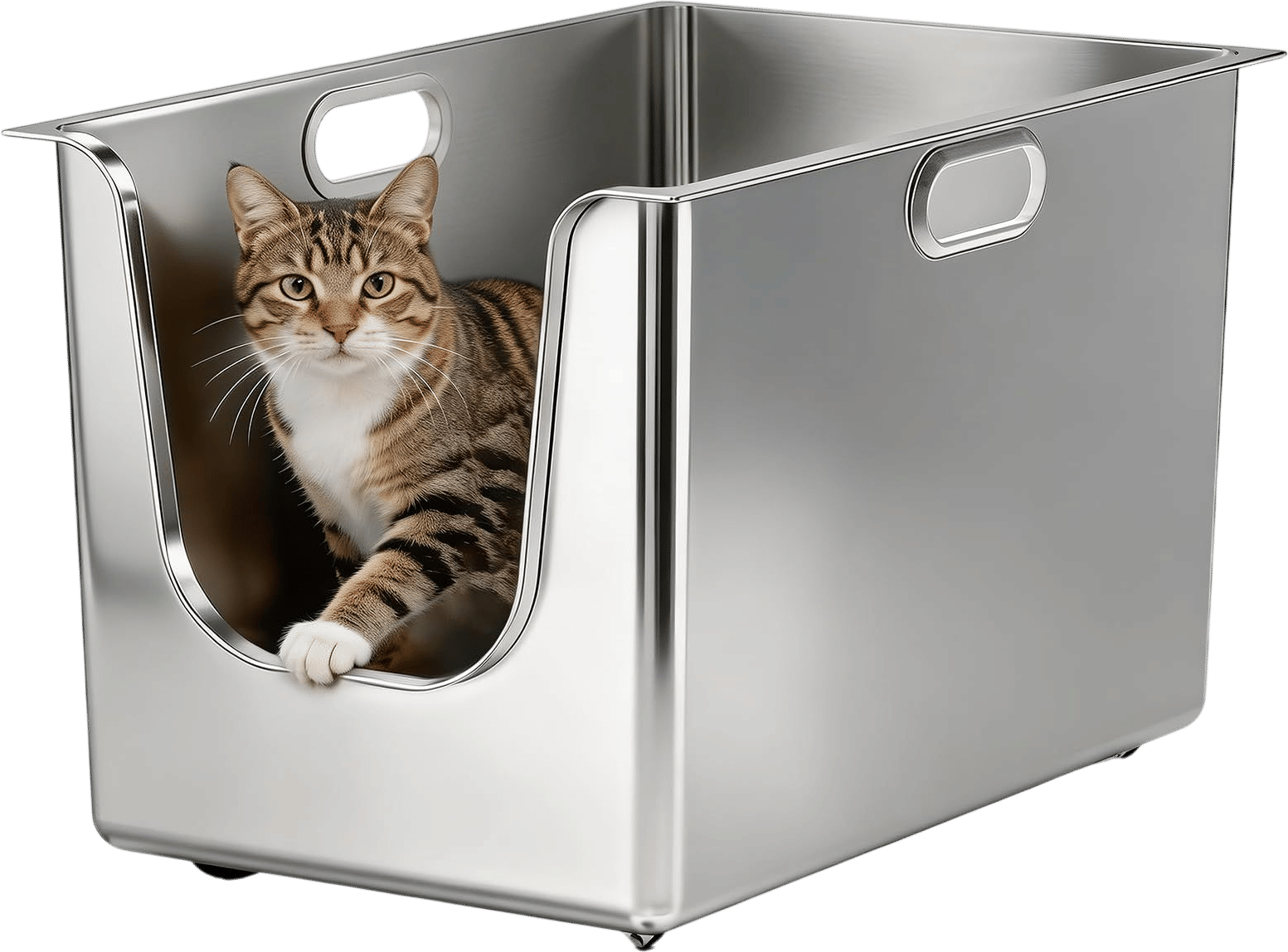 High-sided stainless steel litter box + boxie pro cat litter.