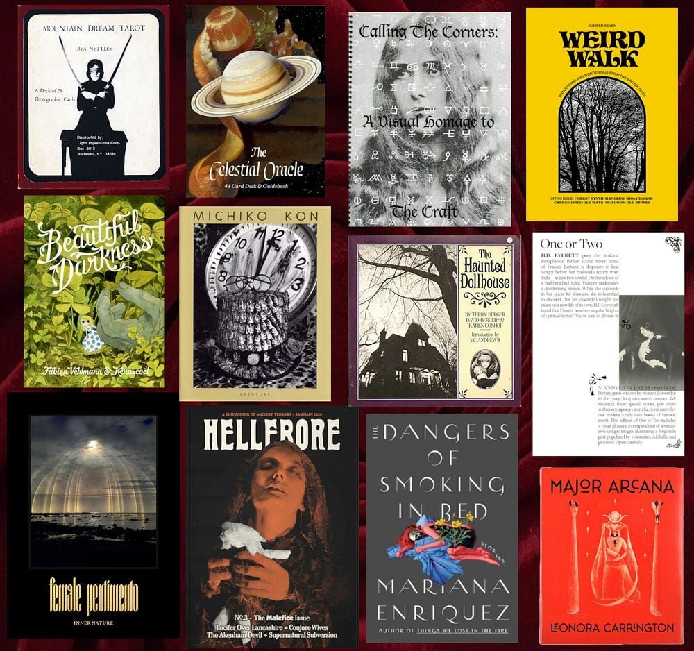 A collection of spooky magazines, books + tarot decks