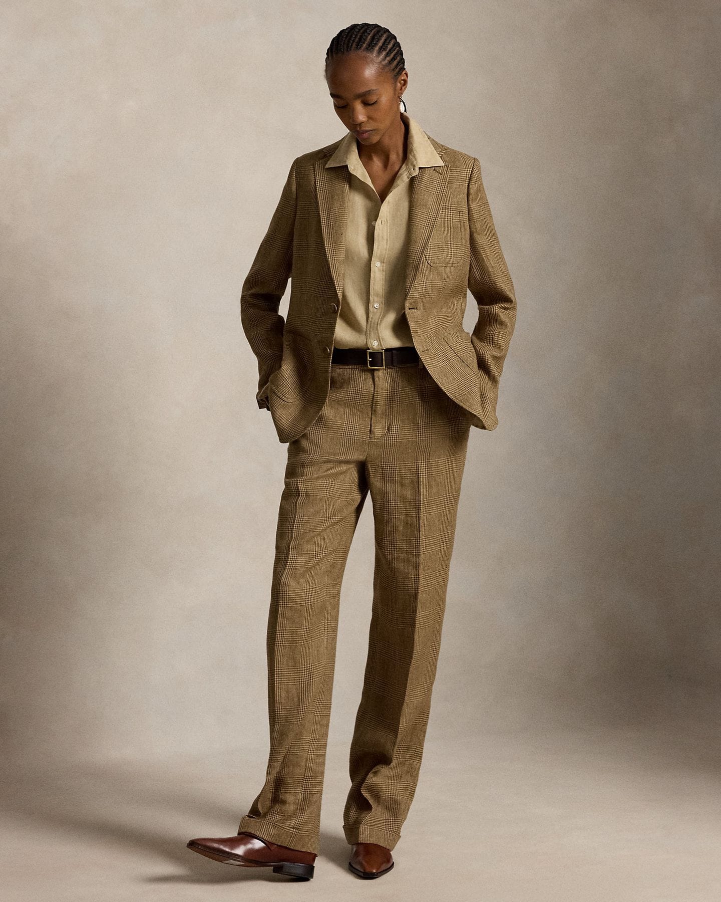 Plaid Linen Tweed Relaxed Straight Pant For Women (Ralph Lauren)