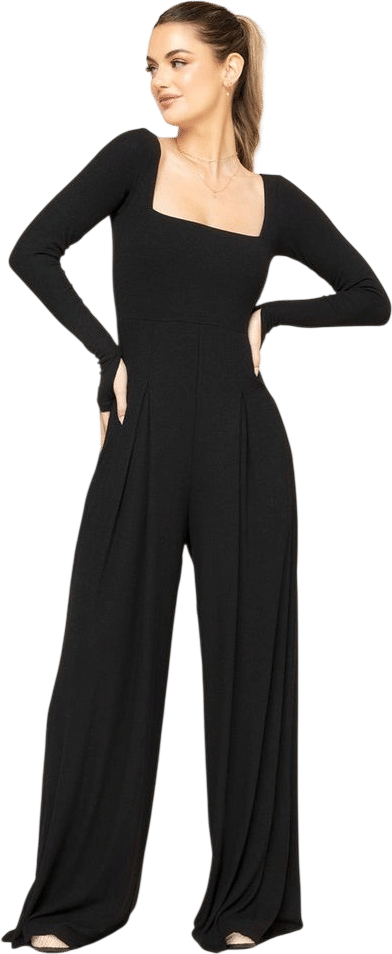 Go With The Flow Long Sleeve Jumpsuit - Black