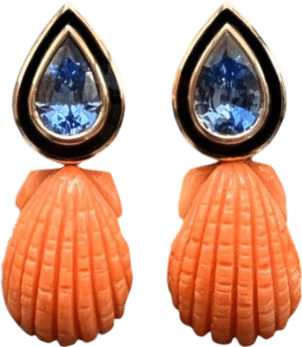 Dezso Sara Beltran Mediterranean Coral Clam with Pear Blue Sapphire Earrings