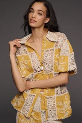 Lace Short-Sleeve Buttondown Top