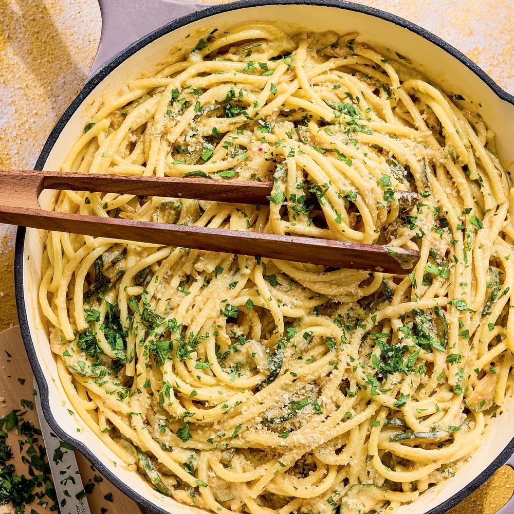 Melty Zucchini Pasta with Goat Cheese and Parm Recipe