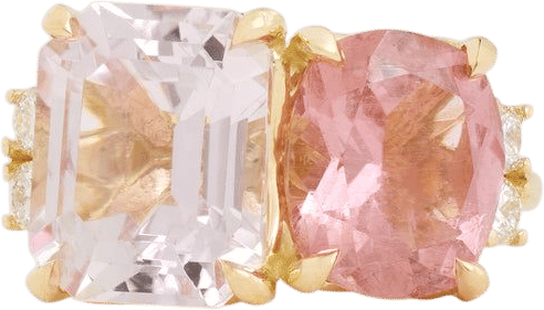18K Yellow Gold Kunzite Emerald Cut and Pink Tourmaline Oval Ring with Diamonds