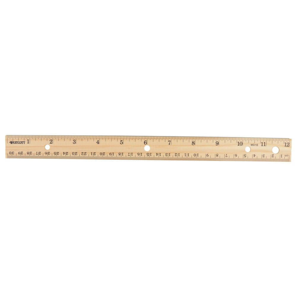 westcott 12” wood ruler w/ single metal edge, hole punch