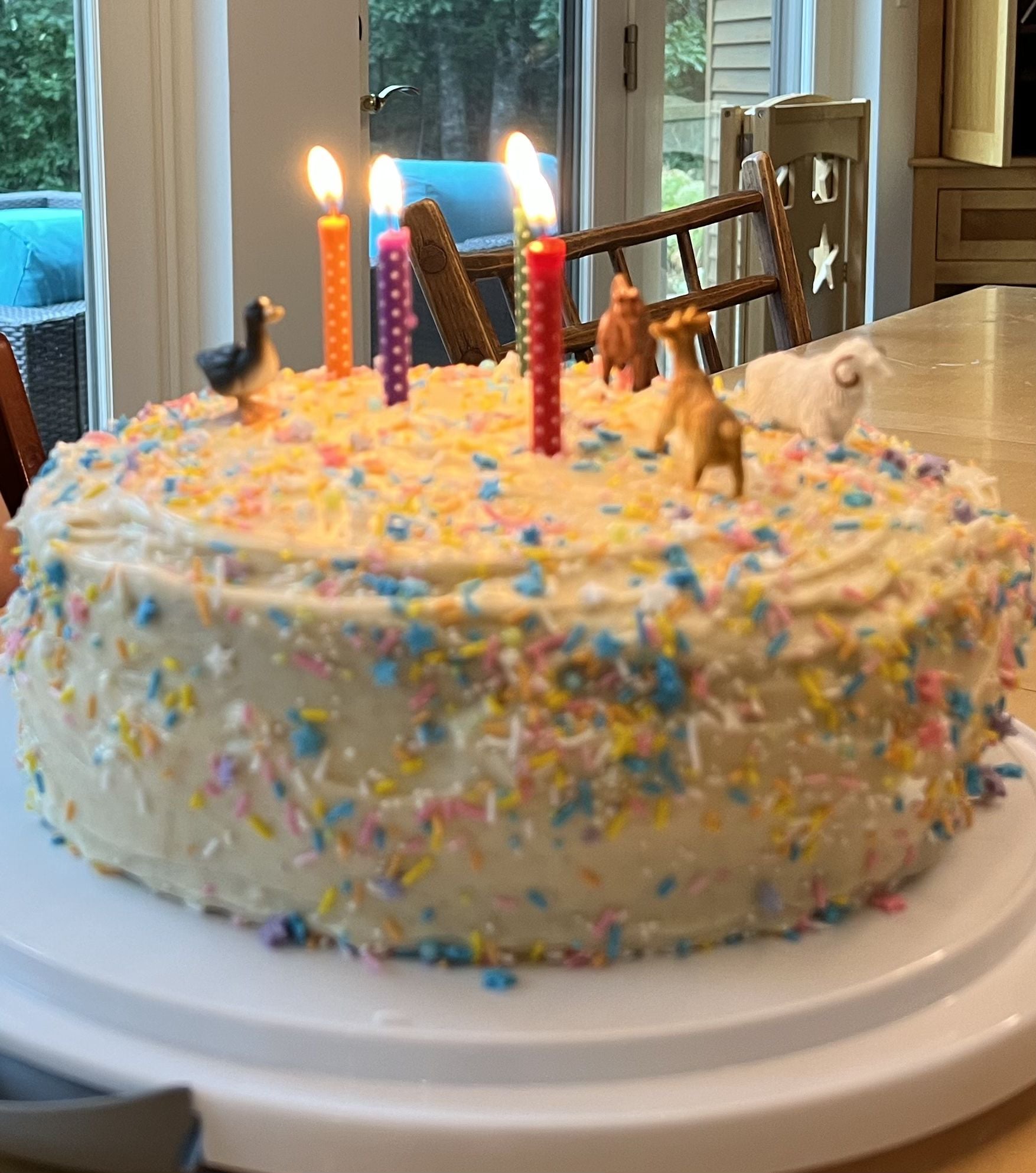 Adding plastic animals for cake decor