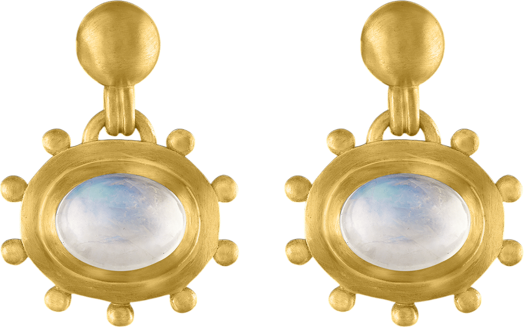 Large Rainbow Moonstone Granulated Bell Earrings
