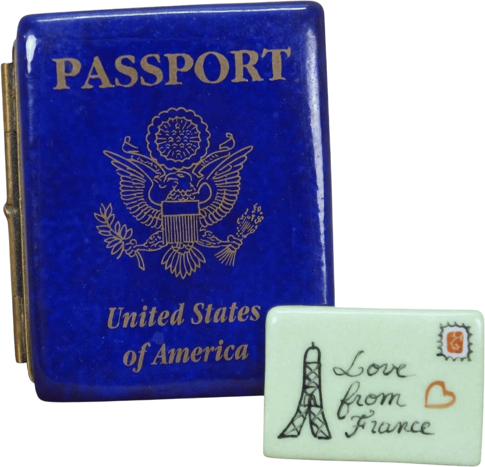 Elda Creations Limoges France Porcelain US Passport w Letter Insert Keepsake Box