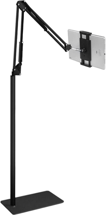 Cantilevered stand for tablet. Height and angle easily adjustable. Keep at eye level with a straight spine.