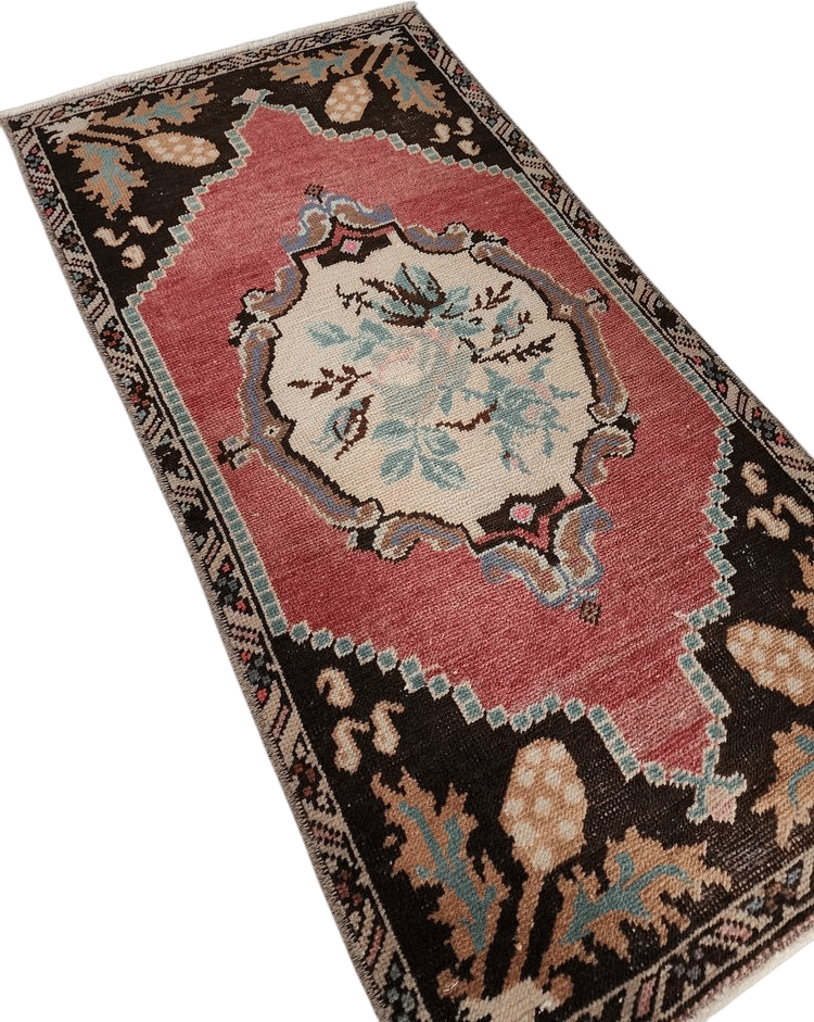 Small Turkish Rug: Hand-Knotted Wool Mat, Red & Brown, 3x1 ft