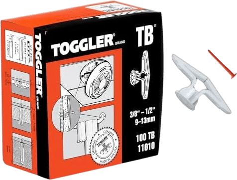 TOGGLER Toggle TB Residential Drywall Anchor, Polypropylene, Made in US, 3/8" to 1/2" Grip Range, For #6 to #14 Fastener Sizes (Pack of 100)