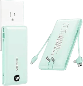VEEKTOMX Portable Charger with Built in Cables 10000mAh, Power Bank for iPhone with Wall Plug, Travel Essential Fast Charging Slim USB C External Battery Pack for iPhone 17/16/15, Samsung, iPad, etc