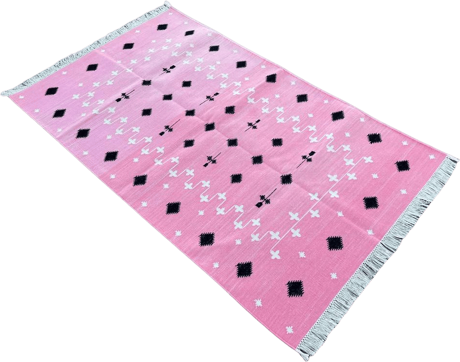 Handmade Cotton Area Flat Weave Rug, 3x5 Pink And Black Shooting Star Indian Rug